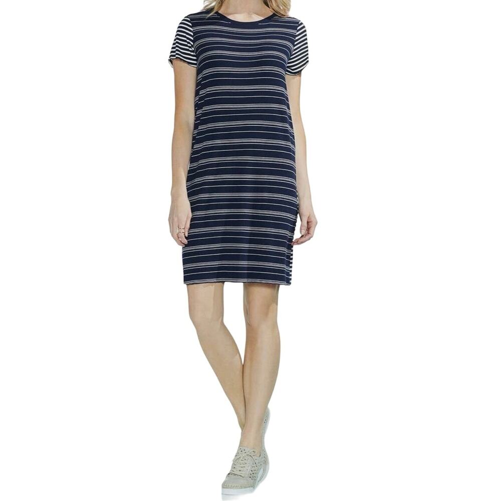Vince Camuto Blue Stripe Short Sleeve Rib Knit Mini T-Shirt Sweater Dress XL